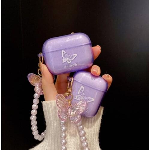 3D Glitter Butterfly Bracelet Soft Plastic Case for Airpods 1 2 Pro 3 Wireless Bluetooth Headset Transparent Cover Gift