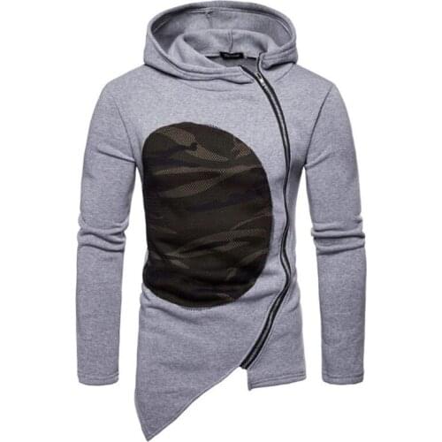 New Design British Style Patchwork Camouflage Hoodies Men Diagonal Zipper Sweatshirt Fashion Lrregular Hooded Men Clothing