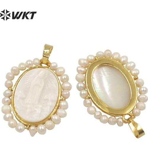 WT-JP264 WKT New design fashion gold bezel Religious pearl Christian pendant oval shape Virgin mary Pendant for necklace