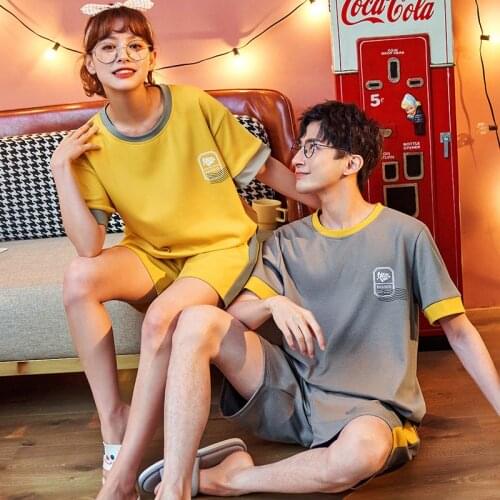 Summer Couple Pajamas Set Cotton Short Sleeve Tops+Shorts 2Pcs Couple Sleepwear Kawaii White Letter Women Yellow O-Neck Homewear