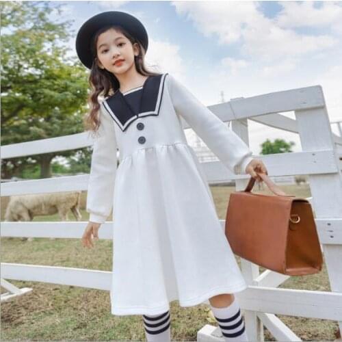 2021 New Girls Dress Two Colors Patchwork Preppy Styles Children Spring Clothes Soft Cotton Long Sleeve Dresses Big Girl Dress
