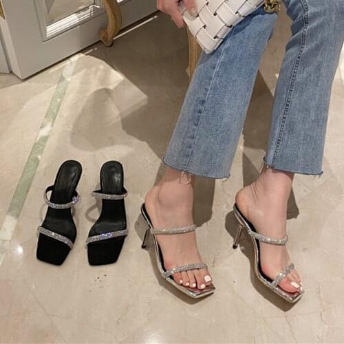 2021 New Summer Womans Summer High Heel Slippers Crystal Rhinestone Fashion Party Shoes Open Toe Slip On Slippers Silver