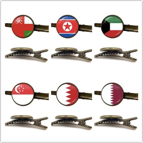Kuwait,Qatar,North Korea,Bahrain,Oman,Singapor National Flag Antique Bronze 16mm Glass Cabochon Tie Clip Jewelry Gift
