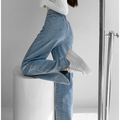 TVVOVVIN Designed Split Ends Washed Mopping Trousers Retro High-waisted Irregular Light-colored Denim Wide-leg Pants Women OGSX