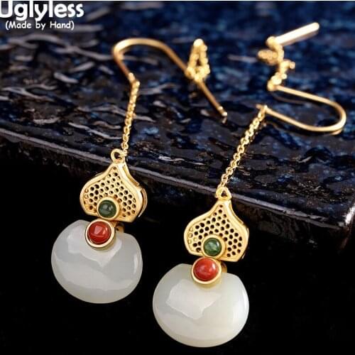 Uglyless Natural Hetian Jade Jewelry Sets for Women Ethnic Vintage Dress Long Earrings Pendants Necklaces 925 Silver Triangle