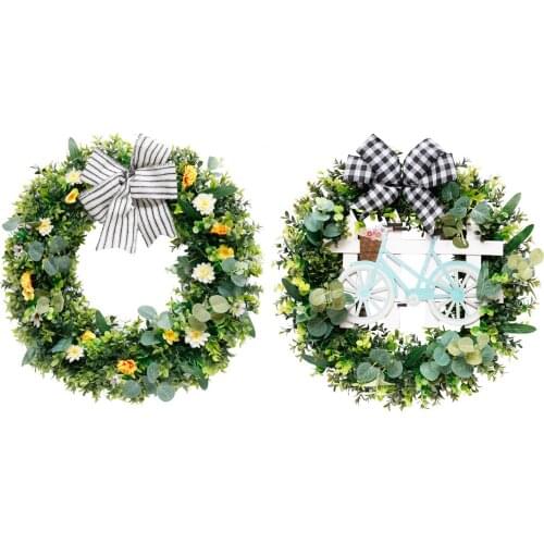 Green Leaves Wreath Artificial Bike Ornament/Flowers Wreath with Plaid Bow for Front Door Decor