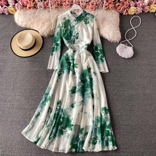 Vintage Shirt Collar Dress Women Spring Autumn Pullover Ink Painting Print Slim Long Maxi Dresses Long Sleeve Femme Robe