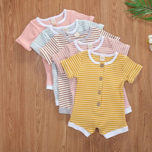 Wallarenear 0-24M Infant Baby Boy Girl Solid Romper Short Sleeve Striped Printed Jumpsuit Outfit 5Styles