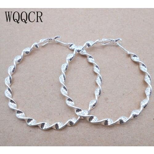 WQQCR New Arrival 925 Jewelry Silver Plated 47MM Twist Round Circle Hoop Earring Women Fashion Silver Big Hoop Earring Jewelry