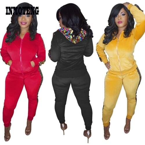 INMOTENG Colorful Sequin Striped Fashion Women Set Yellow/Red Velvet Long Sleeve Zip Me Up Hooded Top Elastic Waist Pants Suits