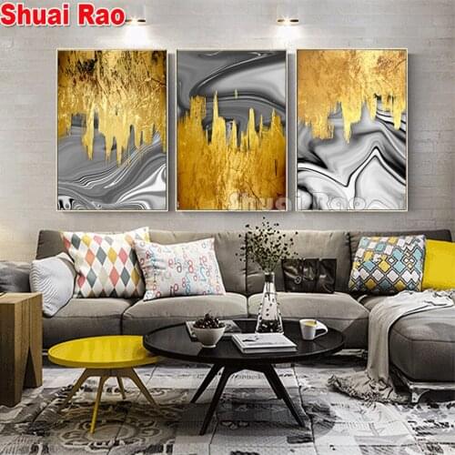 Golden gray Abstract Painting 5d diy diamond painting 3 piece full drill round diamond embroidery kits diamond mosaic nordic art