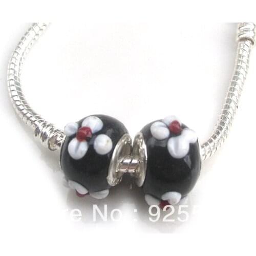 Free Shipping 60pcs/lot 14mm Glass Big Hole black Flower Beads fit European Jewelry Bracelet Charms DIY
