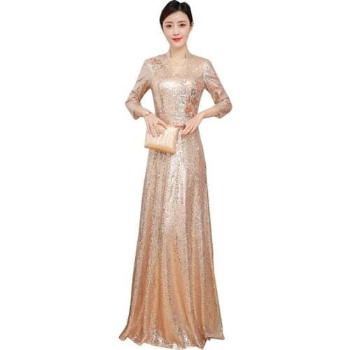 Elegant Long Dress High Quality Silk Wedding Birthday Party Evening Banquet Dresses Autumn Winter New Wedding Host Dress OK846