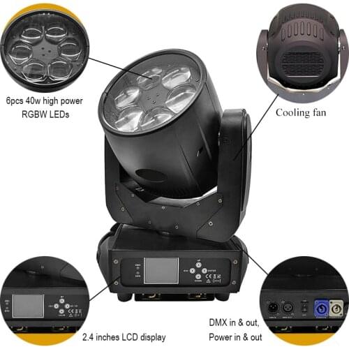 DMX control Bee Eye Zoom Wash Light 6x40W RGBW 4in1 LED Moving Head Beam Lights Stage effects lighting projector for DJ party