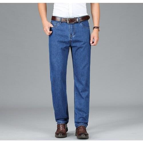 Summer Brand 100% Cotton Men Jeans Soft Mid Straight Mens Thin Blue Jeans Trousers Male Middle-aged Business Clothing 40 42