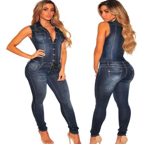 Sleeveless Jumpsuit Jeans Sexy Bodysuit Summer Clothes Women Denim One Piece Overalls Elegant Button Rompers Combinaison Femme