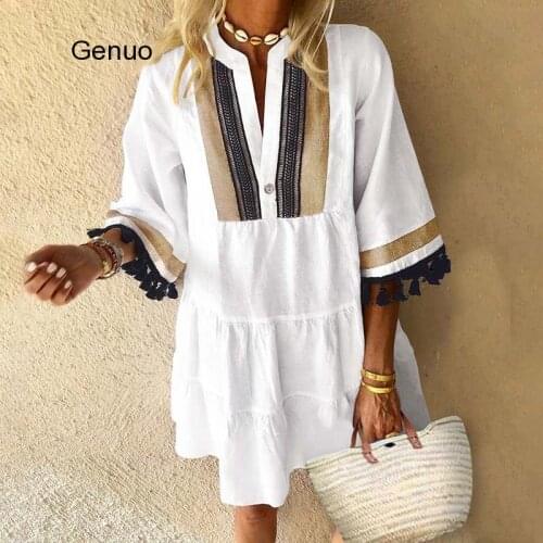 Summer Beach Dress Women Vintage Print Sundress Half Sleeve V Neck Party Dress 2020 Bohemian Vestido Casual Robe Plus Size
