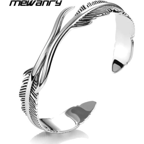 Mewanry 925 Sterling Silver Bracelet for Men New Trend Hip Hop Vintage Design Couples Party Jewelry Girls Gifts Feather Bangle