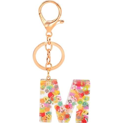 MINGIN 2021 Cute Acrylic Fruit Letter Keychains Alphabet Crystal Women Key Chains Ring Car Bag Tassels Pendent Charm Gift
