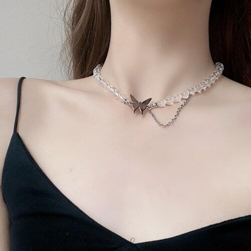 Fashion Women Punk Butterfly Crystal Beads Chain Necklace for Women Tassel Sweet Choker Necklace Party Jewelry Gifts