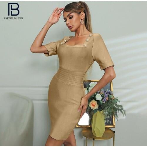 PB Trendy Gold Bandage Mini Dress Button Design Short Sleeves Celebrity Party Club Vestido Free Shipping