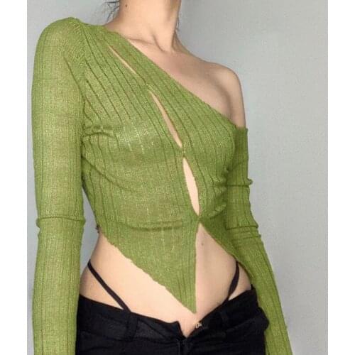Fall Knit Pullover Long Sleeve Solid Green Retro Irregular Bandage Crop Top Short T-Shirt Sexy T Shirt Fashion Korean