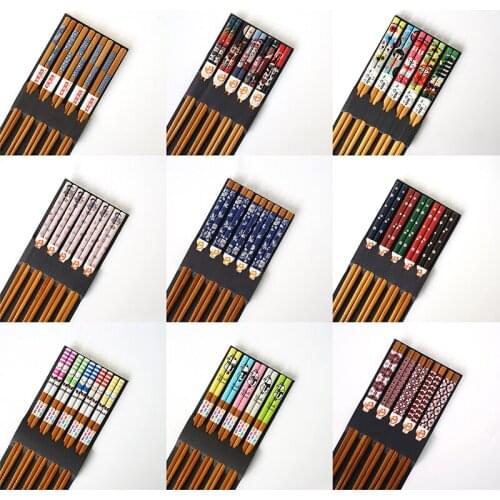 Chopsticks Household Bamboo Chopsticks Japanese Creative Printing Cartoon Chopsticks Reusable Tableware Food Stick 5Pairs