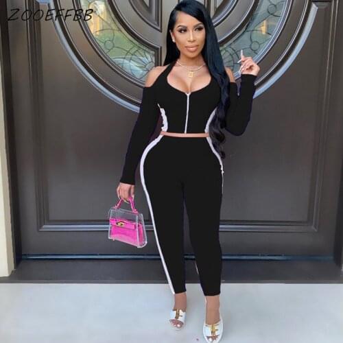 ZOOEFFBB Sexy Fall Two Piece Set Cold Shoulder Long Sleeve Crop Top and Pants Lounge Wear Outfits for Women Clothes Tracksuit