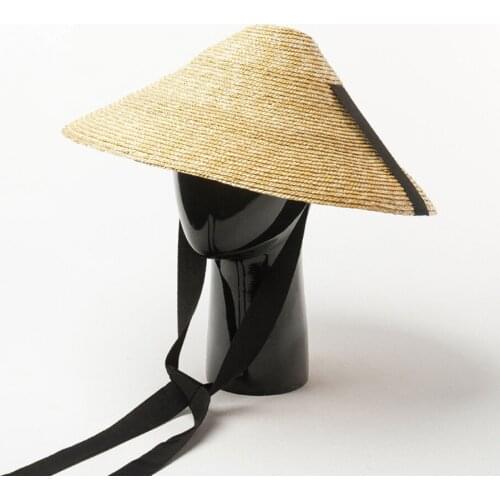 Wide Brim 25CM Natural Wheat Sun hat For Womens Conical Straw Hat With Black Ribbon Summer Beach Hat Ladies Sun Protection Cap