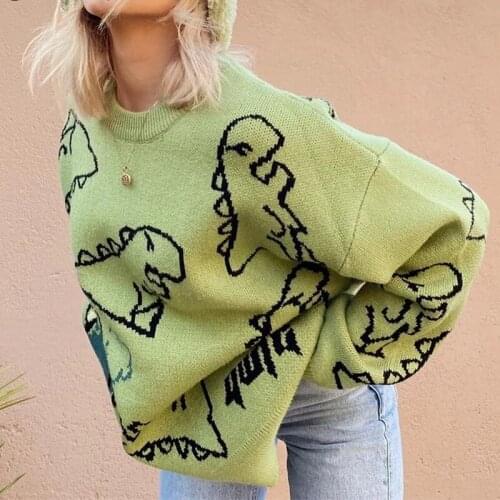 Oversize Sweater Woman 2021 Autumn Harajuku Kawaii Dinosaur Loose Couple Pullovers 90s Y2k O-neck Long Sleeve Jumper Women