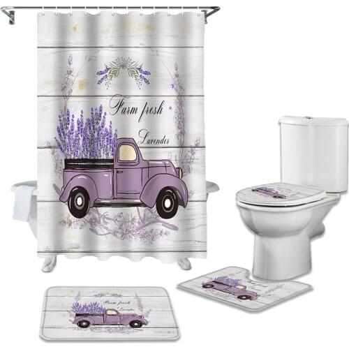 Farm Rural Style Lavender Vintage Truck Shower Curtain Sets Non-Slip Rugs Toilet Lid Cover Bath Mat Waterproof Bathroom Curtains