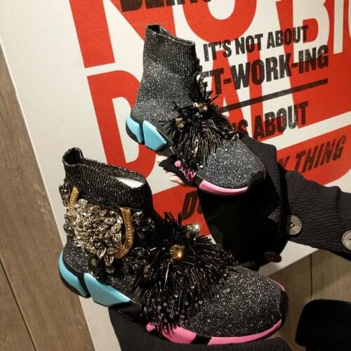 Crystal Socks Sneaker Black Women Rhinestone Casual Shoes Crystal Sneakers Lady Tassels Knitted High Top Ankle Boots WK98