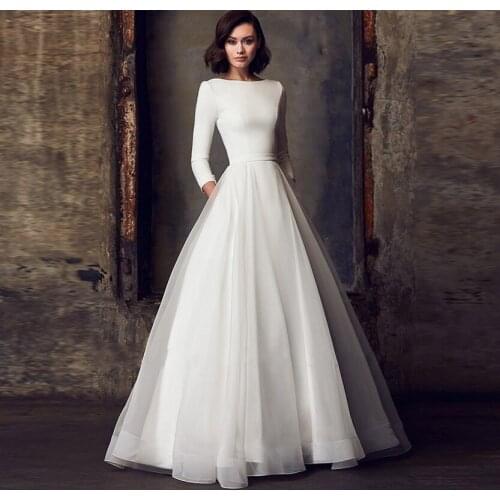 New Elegant Satin Wedding Dresses 2021 Three Quater Sleeves A-Line Vintage Bride Gowns Robe De Mariage