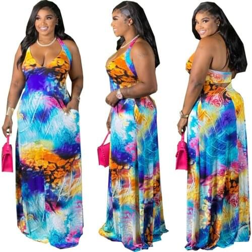 Tie Dye Printed Sexy Maxi Dress Summer 2021 Halter Backless Casual Long Dress Women Nightclub Sleeveless Pockets Bodycon Dresses