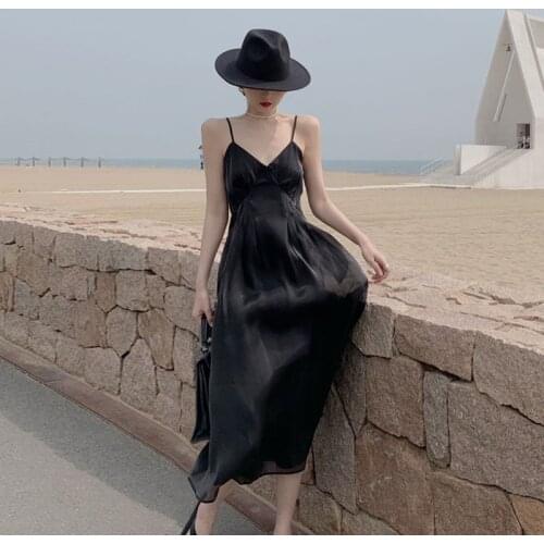 French Hepburn style dress female summer new style 2021 fashionwaist mesh V-neck sleeveless temperament mid-lengthParty dres