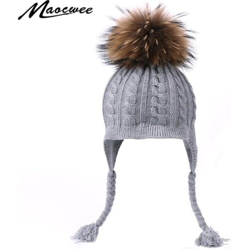 Winter Kids Baby Warm Knitted Hats Skullies Cute Beanie Real Natural Fur Hats With 2 BallsToddler Crochet Pompom Ears Cap