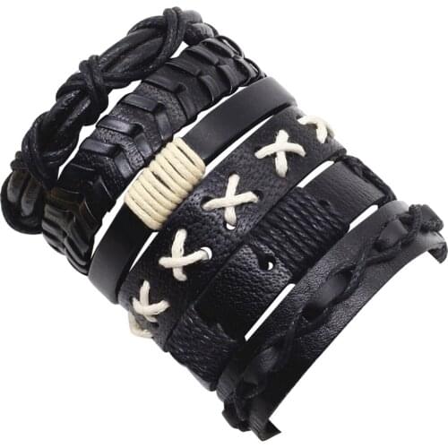 5-6pcs/set New Fashion Femme Homme Female Cuff Wrap Owl Cross Charm Black Brown Genuine Leather Bracelets For Women Men Jewelry