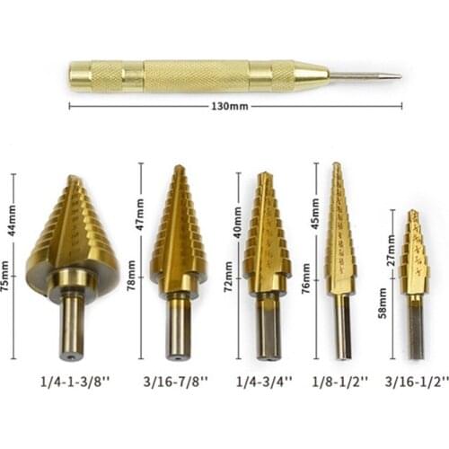 6PCS HSS Titanium High Speed Steel Cobalt Step Drill Hot Sale Drill Bit Set Center Punch Accurate Locator for Steel Cutting Hole