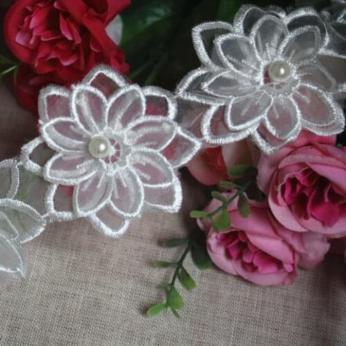 Free Shipping 1Yards 6.3CM Beautiful 3D Stereo Flower Lace Trim Beads Decoration DIY Craft Material Z100