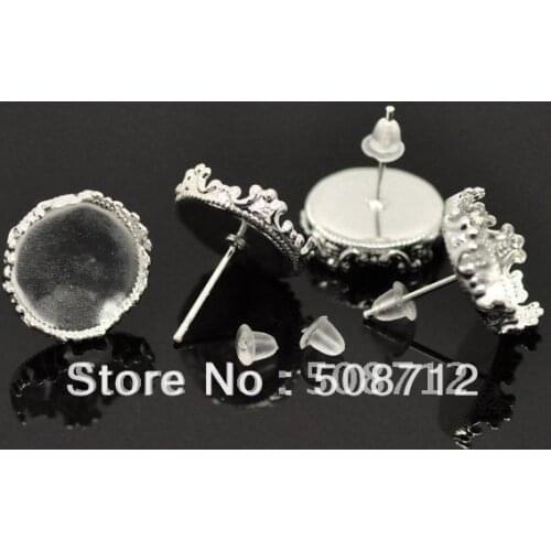 Free shipping!!! 15 Pairs SP Cabochon Settings Earring Post W/ Stoppers fit 14mm,Earrings Base