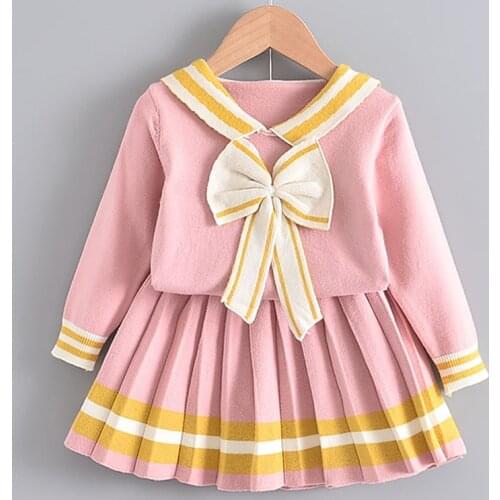 27KIDS Girl Winter Autumn Princess Knitted Skirt Tutu bow-knot Dress Kid Children Clothing Party Style Casual Dresses Sets