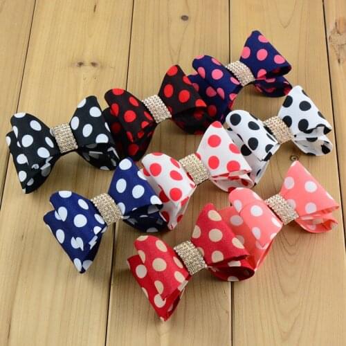 Express free 3.2" Newborn Luxe Dot Hair Bows Handmade Hard Satin Bowknot with rhinestone button girls Hair Accessories