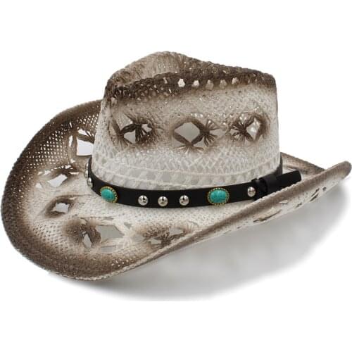 Women Men Western Cowboy Hat With Fashion Leather Punk Band Boater Beach Sun Sombrero Cowgirl Hat Size 58CM