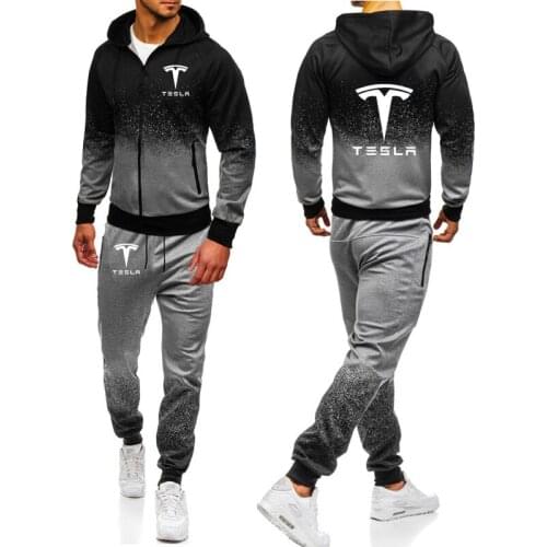 2021 Hoodies Men Tesla Car Logo Print Casual Harajuku Gradient color Hooded Fleece zipper Jacket Sweatshirt Sweatpants Suit