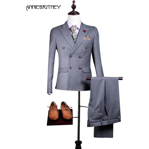 2018 New Brand Grey Pattern Men Suit Slim Fit Double Breasted Wedding Business Formal Style Prom Tuxedo 3 Piece Terno Masculino
