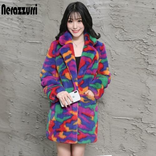 Nerazzurri multi color fluffy faux fur coat notch lapel long sleeve colorful warm soft plus size winter women faux fur jacket