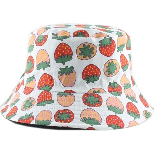 Strawberry Print Reversible Bucket Hat Panama Bob Hat Foldable Street Hip Hop Fishing Cap Anti-UV Sun hats