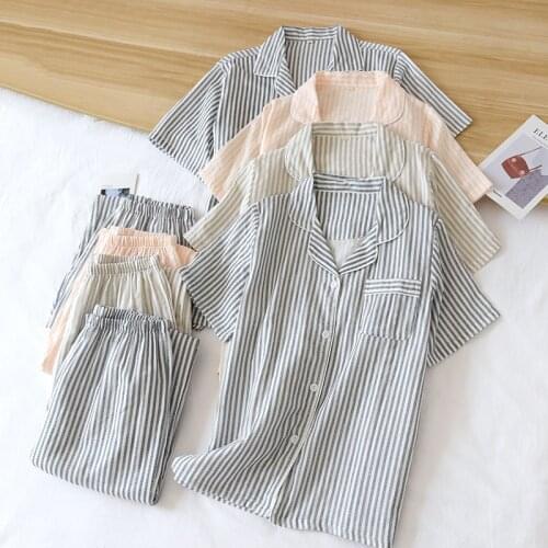 New spring and summer couple short-sleeved trousers pajamas two-piece 100% cotton gauze simple striped thin home service suit