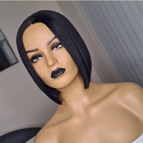 Silky Straight Short Bob Natural Black Synthetic Lace Front Wig For Black Women With Baby Hair Pre Plucked Adjustable Strap Wigs