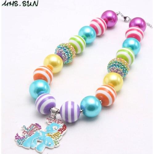 MHS.SUN Cute Rhinestone Horse Pendants Beads Necklace Girls Kids Chunky Bubblegum Necklace Fashion Rainbow Color Jewelry Gifts